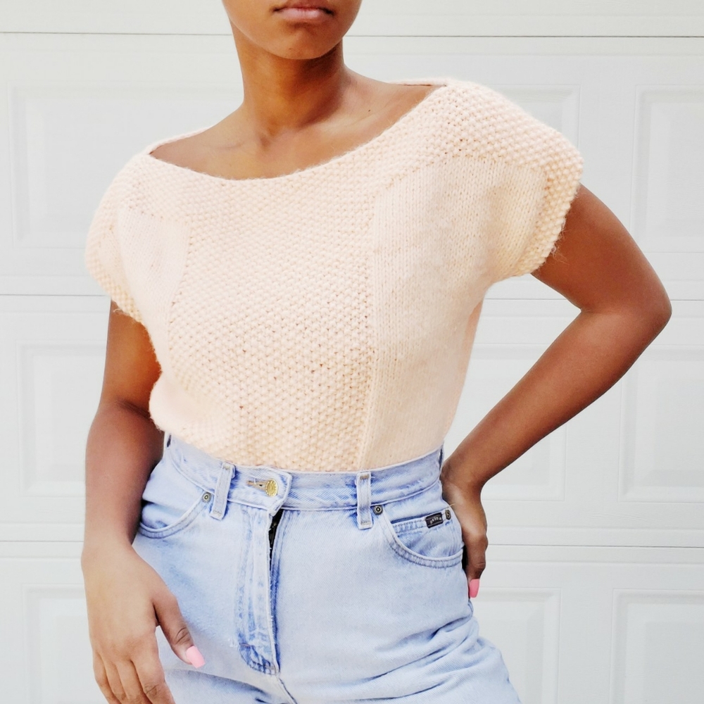 Vintage pastel peach boat neck sweater, handmade